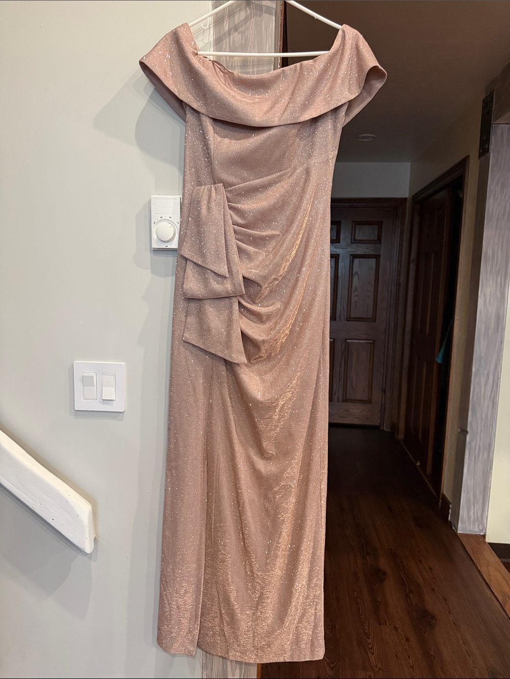 Xscape Off Shoulder Gown in Blush